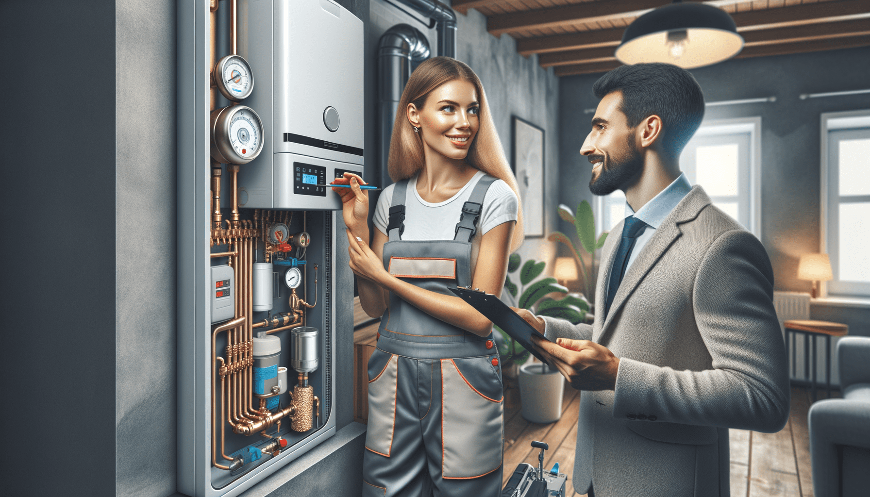 crea un’immagine fotorealistica che rappresenti il tema dell’articolo: (energy efficiency and sustainability are critical global priorities, with thermo hydraulic solutions playing a key role in reducing co2 emissions and energy consumption in homes and offices. this article is a guide to heating and air conditioning systems that are both effective and eco friendly. one way to reduce the environmental impact of heating systems is by implementing technologies such as condensing boilers, heat pumps, and solar thermal panels. condensing boilers, for instance, recover exhaust heat to enhance efficiency and decrease gas consumption. heat pumps leverage environmental energy to heat spaces and water, offering a versatile and eco friendly solution. choosing the appropriate air conditioning system involves careful consideration of specific space requirements. inverter air conditioners, known for their energy efficiency, automatically regulate power, thereby reducing waste. regular maintenance, including cleaning filters and checking the refrigerant level, is crucial to optimizing the operation and longevity of systems. investing in efficient thermo hydraulic solutions can result in significant fiscal advantages. energy upgrading schemes like the ecobonus allow for a sizable rebate on costs incurred while installing low environmental impact systems. it is crucial to stay updated on local and national regulations to maximize these benefits. an industry expert can help select the most profitable solutions and handle bureaucratic procedures. adopting green thermo hydraulic solutions and regular maintenance of existing systems are fundamental to more sustainable energy use and savings. investing in innovative technologies delivers immediate and long term benefits enhancing living comfort and contributing to a greener future. if you need assistance with installations of reliable, high quality thermo hydraulic systems, sb assediato can help. our experts are ready to guide you in choosing solutions suitable for your energy needs. contact us at info@sbaddistenzacaldaie.it or +39 3333220252. our office is located at via giacomo brondolini, 7, 80046 san giorgio a cremano (na).). l’immagine deve mostrare una scena realistica e professionale con dettagli ben curati, come: un tecnico termoidraulico mentre controlla una caldaia moderna in un ambiente domestico o ufficio, con strumenti di diagnosi alla mano. un impianto di riscaldamento o climatizzazione ben installato, evidenziando la tecnologia e la qualità dell’installazione. un cliente soddisfatto che interagisce con un tecnico, a simboleggiare affidabilità e assistenza. l’atmosfera dell’immagine deve trasmettere sicurezza, professionalità e comfort. usa colori neutri e dettagli realistici per rendere la scena credibile e accattivante.