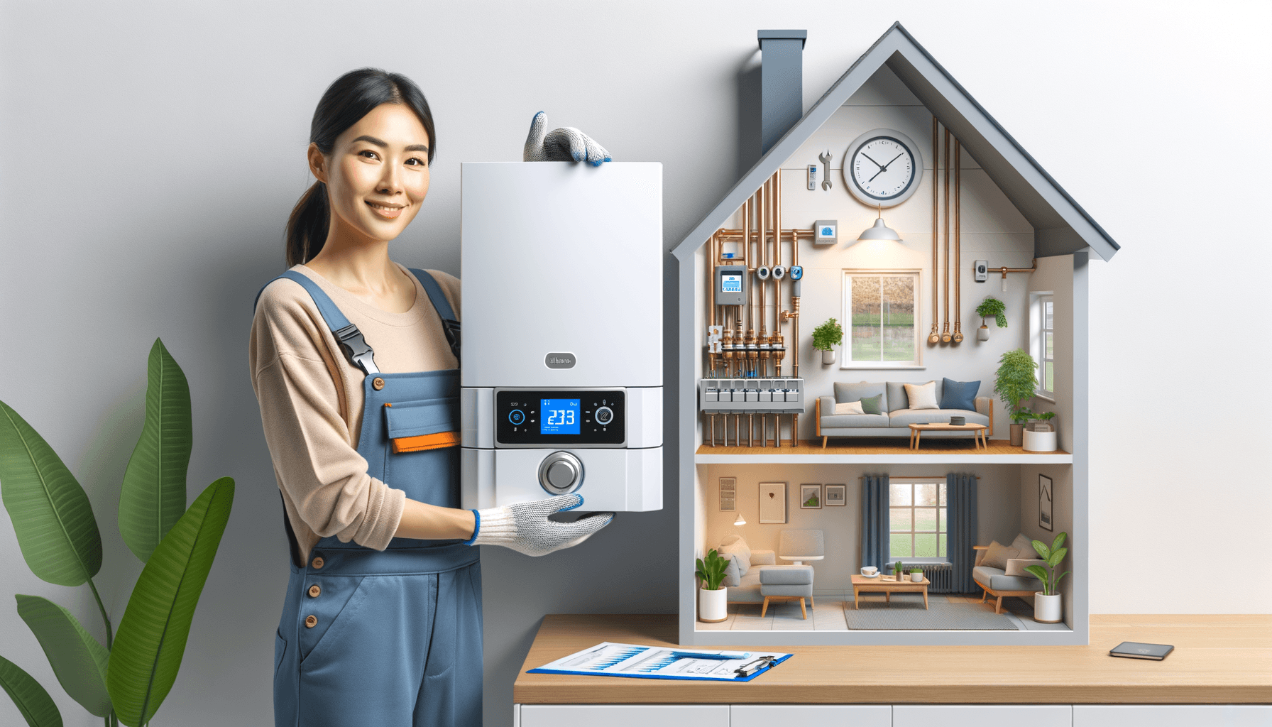 crea un’immagine realistica e professionale basata sul seguente tema: (energy savings have become a top priority in cutting down environmental impact and containment costs in home heating. boilers play a deserved part in home heating systems, and in this article we explore ways to enhance their energy efficiency. choosing the right boiler is essential. condensing boilers are modern, efficient, and though more expensive initially, they can save up to 30% energy consumption compared to traditional boilers, effectively offsetting the initial investment over time. routine maintenance is crucial to bolster boiler performance and conserve energy. periodic checks to the nozzles, heat exchangers, and exhaust systems can help avert malfunctions and energy waste. regularly cleaning filters and verifying internal pressures can boost system efficiency and extend its lifespan. promptly detecting malfunction signs, such as unusual noises, ignition difficulties, and water temperature fluctuation, can help prevent excessive consumption and irreparable damage. professional technicians can identify problems and provide suitable solutions. tax deductions act as incentives for upgrading to greener technologies, covering up to 50% of the total replacement cost of old boilers with condensing models. thermal efficiency can be further improved by installing thermostatic valves, properly programming thermostats, and ensuring home insulation. for top quality professional assistance in boiler maintenance, installation, and service, contact sb assediato, proven reliable and knowledgeable leaders in the field. trust sb assediato for your comfort and peace of mind. reach out to them for personalized support and discover the best solutions for your heating system.). l’immagine deve rappresentare visivamente il contenuto dell’articolo in modo chiaro e informativo. ad esempio, se l’articolo tratta della manutenzione delle caldaie, mostra un tecnico esperto che esegue controlli su una caldaia moderna in un ambiente domestico ben illuminato. se l’articolo parla di risparmio energetico, raffigura una casa efficiente con una caldaia ecologica e un termostato smart. mantieni uno stile realistico, con colori neutri e professionali, dettagli ben definiti e un’illuminazione naturale. nessun testo sull’immagine.