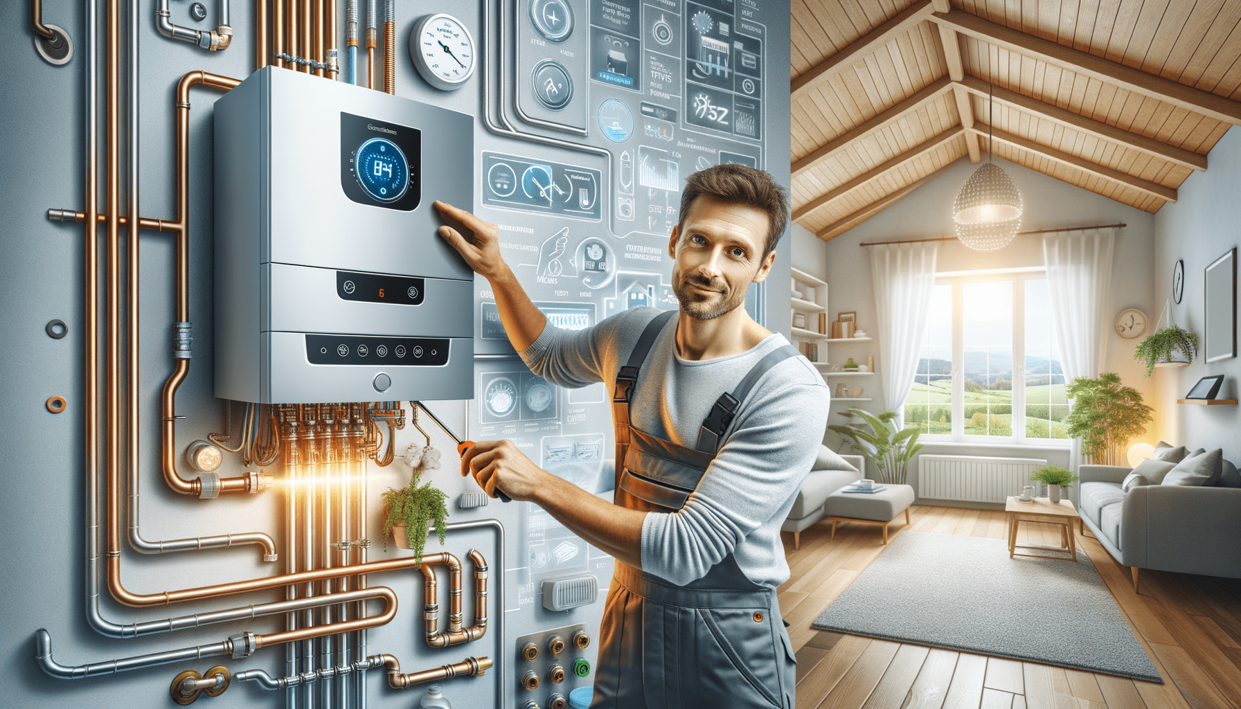 crea un’immagine realistica e professionale basata sul seguente tema: (this italian article dissects several strategies to maximize the energy efficiency of your boiler system, which is vital for reducing energy costs and environmental impact. it advises calibrating the temperature as one of the most common mistakes is having the boiler set too high, and suggests installing a programmable thermostat can help in managing temperatures. routine maintenance is emphasized as being critical to ensure your boiler works at optimum efficiency. this covers decreasing the build up of limescale and regular cleaning of heat exchangers to prevent efficiency loss. conducting annual checks with professionals is an investment that pays off with lower bills in the long run. appropriate insulation of pipes and the system itself is another crucial step to improve energy efficiency as heat loss through uninsulated pipes can significantly increase energy costs. it is recommended to use modern insulating materials in this regard. considering a modern condensing boiler if your current one has grown old is another recommendation, as this type boosts efficiency by capturing a considerable amount of heat that would otherwise be lost in exhaust gases. there are various governmental incentives, such as tax deductions for replacing old boilers. being well informed about these opportunities can reduce the initial cost of installing a new boiler. finally, the article suggests seeking expert assistance for boiler maintenance, installation, or replacement. sb assediato, with years of experience in the industry, is suggested due to their competent and reliable services. hiring a trusted partner like sb assediato ensures an efficient and secure heating system for your home.). l’immagine deve rappresentare visivamente il contenuto dell’articolo in modo chiaro e informativo. ad esempio, se l’articolo tratta della manutenzione delle caldaie, mostra un tecnico esperto che esegue controlli su una caldaia moderna in un ambiente domestico ben illuminato. se l’articolo parla di risparmio energetico, raffigura una casa efficiente con una caldaia ecologica e un termostato smart. mantieni uno stile realistico, con colori neutri e professionali, dettagli ben definiti e un’illuminazione naturale. nessun testo sull’immagine.