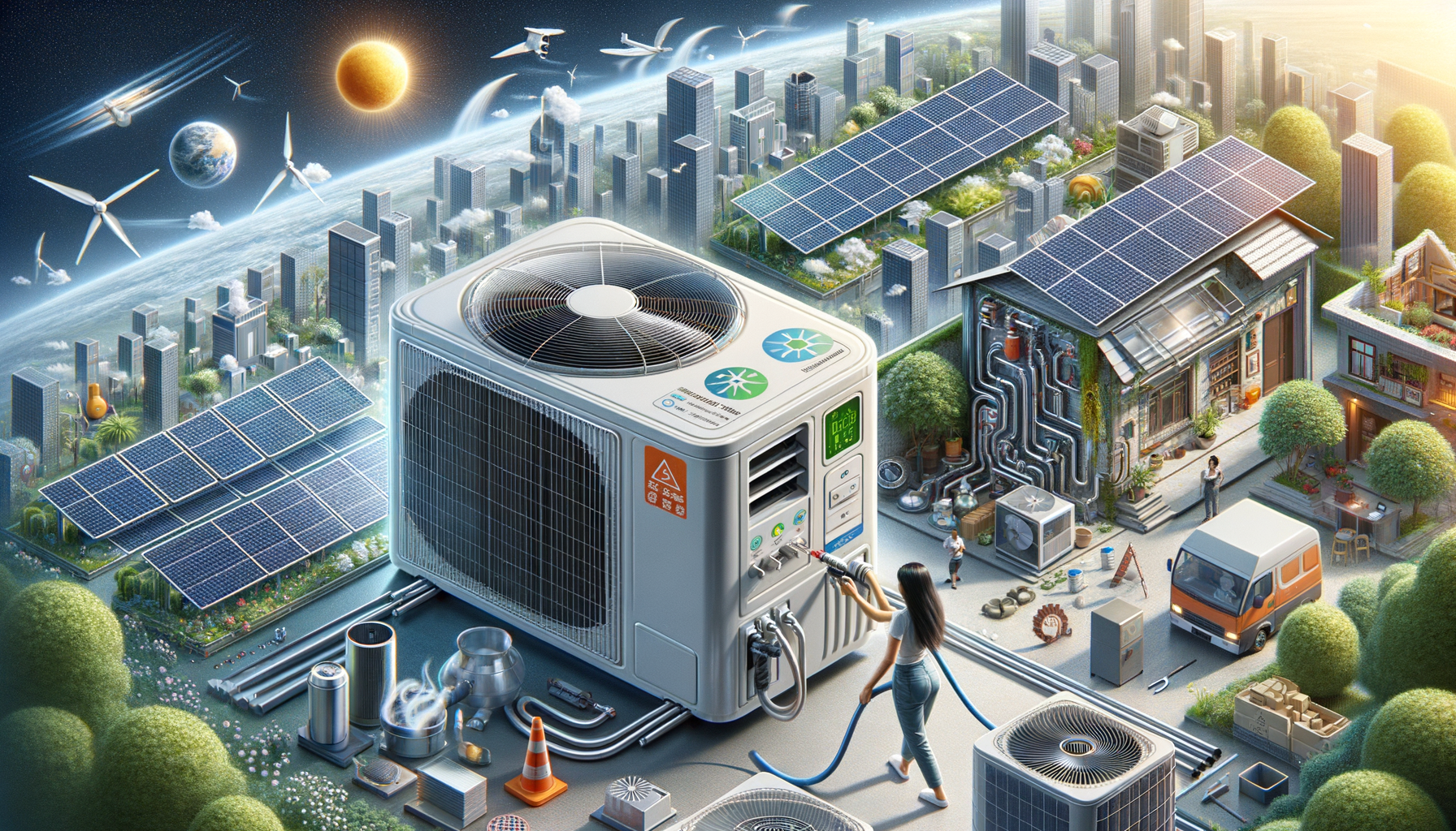 genera una foto realistica che illustra il concetto descritto nell’articolo. per favore, usa il testo dell’articolo tra parentesi per comprendere il contesto specifico dell’immagine. l’immagine dovrebbe essere di alta qualità e riflettere fedelmente il tema trattato. ad esempio, se l’articolo parla dei vantaggi dei climatizzatori portatili, l’immagine dovrebbe mostrare un condizionatore portatile in un ambiente domestico moderno. se l’articolo riguarda la manutenzione dei condizionatori, crea un’immagine che mostri una persona mentre pulisce o ispeziona un condizionatore. ecco il testo dell’articolo da cui trarre ispirazione: (air conditioners have greatly improved our quality of life in hot and humid environments, but they also contribute to climate change through high energy consumption and the use of harmful refrigerants. the energy demand of air conditioners is often met by fossil fuels which release greenhouse gases into the atmosphere. furthermore, many air conditioners use hydrofluorocarbons (hfcs) as refrigerants, which have a significantly higher global warming potential than carbon dioxide. recently, the industry has begun addressing these concerns with more efficient technologies and alternative refrigerants. the introduction of inverter technology to regulate the speed of the compressor has reduced energy consumption. natural refrigerants such as propane and isobutane are also emerging as more eco friendly alternatives with much lower global warming potentials. manufacturers are also implementing solutions such as using solar panels to power air conditioners, further reducing their environmental impact. the growing popularity of home automation technologies also allows users to control their devices more efficiently, reducing energy waste. for those wishing to reduce their environmental impact while using an air conditioner, it is advisable to invest in models with high energy efficiency labels and advanced refrigeration technologies. additionally, regular maintenance such as cleaning filters and checking for refrigerant leaks can help maintain the device’s energy efficiency. for expert assistance, installation, and maintenance support or comprehensive guides on eco friendly solutions, look to companies such as the sb assediato located in san giorgio a cremano, italy.).