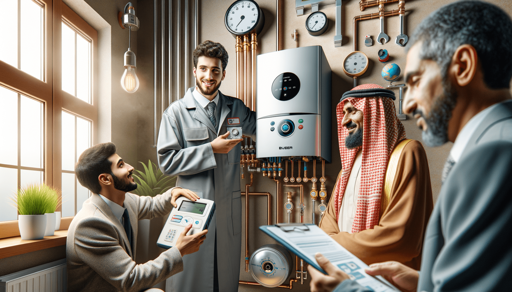 crea un’immagine fotorealistica che rappresenti il tema dell’articolo: (awareness towards environmental conservation and energy saving has increased the demand for eco friendly thermohydraulic solutions for homes and offices over recent years. these solutions, apart from minimizing environmental impact, also offer significant economic benefits in the medium to long term due to their energy efficiency. eco friendly solutions available in the market today for heating include condensing boilers, which use the heat from exhaust fumes to pre heat the incoming water, greatly minimizing fuel consumption. they can have efficiency rates over 90%, resulting in considerable savings on energy bills. solar thermal panels, another option, utilize solar energy to heat water, reducing dependence on non renewable energy sources and can meet a significant part of a home’s energy needs, particularly during the summer. finally, heat pumps present an efficient and versatile eco friendly solution. they use the energy present in the air, ground or water to heat or cool the environment and are also reversible, allowing for climate control during the summer. further energy efficiency can be achieved through effective insulation of walls, roofs, and floors, reducing heat dispersion, and maintaining a comfortable indoor temperature while decreasing the need for heating or cooling. smart thermostats and advanced control systems enable precise temperature regulation, optimizing energy consumption according to the actual needs. italian government offers various tax incentives to encourage the adoption of eco friendly technologies, such as tax deductions like the superbonus 110% and contributions for energy refurbishment of buildings, encouraging installation of low environmental impact appliances. it is advisable to consult an expert for better utilization of these opportunities and to ensure all installations comply with the current regulations. in conclusion, adopting eco friendly thermohydraulic solutions is a vital step towards reducing environmental footprint and saving on energy costs. proper installation and maintenance of such systems are crucial for maximizing their benefits and ensuring durability. for assistance and installation of reliable high quality thermohydraulic facilities, one can contact sb assediato.). l’immagine deve mostrare una scena realistica e professionale con dettagli ben curati, come: un tecnico termoidraulico mentre controlla una caldaia moderna in un ambiente domestico o ufficio, con strumenti di diagnosi alla mano. un impianto di riscaldamento o climatizzazione ben installato, evidenziando la tecnologia e la qualità dell’installazione. un cliente soddisfatto che interagisce con un tecnico, a simboleggiare affidabilità e assistenza. l’atmosfera dell’immagine deve trasmettere sicurezza, professionalità e comfort. usa colori neutri e dettagli realistici per rendere la scena credibile e accattivante.