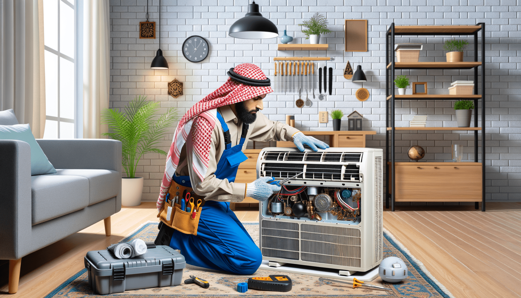 genera una foto realistica che illustra il concetto descritto nell’articolo. per favore, usa il testo dell’articolo tra parentesi per comprendere il contesto specifico dell’immagine. l’immagine dovrebbe essere di alta qualità e riflettere fedelmente il tema trattato. ad esempio, se l’articolo parla dei vantaggi dei climatizzatori portatili, l’immagine dovrebbe mostrare un condizionatore portatile in un ambiente domestico moderno. se l’articolo riguarda la manutenzione dei condizionatori, crea un’immagine che mostri una persona mentre pulisce o ispeziona un condizionatore. ecco il testo dell’articolo da cui trarre ispirazione: (maintaining air conditioners regularly plays a crucial role in prolonging their lifespan and ensuring their efficiency in today’s increasingly warm and unstable climate. regularly maintained air conditioners consume less energy, reducing electricity bills, and improved air quality by eliminating dust, allergens, and other unwanted particles especially helpful for people with allergies or respiratory issues. the regular maintenance also reduces the risk of sudden failures and provides optimal performance which, in turn, ensures the comfort desired in every season. some of the recommended maintenance actions include clearance and monthly check of filters during peak usage periods, checking the evaporator and condenser coils, verification of the drainage system, inspection of the thermostat, and refrigerant level check. regular maintenance saves you long term repair, replacement, and energy consumption costs. sb assistenza caldaie, a reliable and professional maintenance specialist based in san giorgio a cremano, can help maintain your air conditioner. they can be reached at +39 3333220252 or via email at info@sbassistenzacaldaie.it for high quality maintenance services. ).