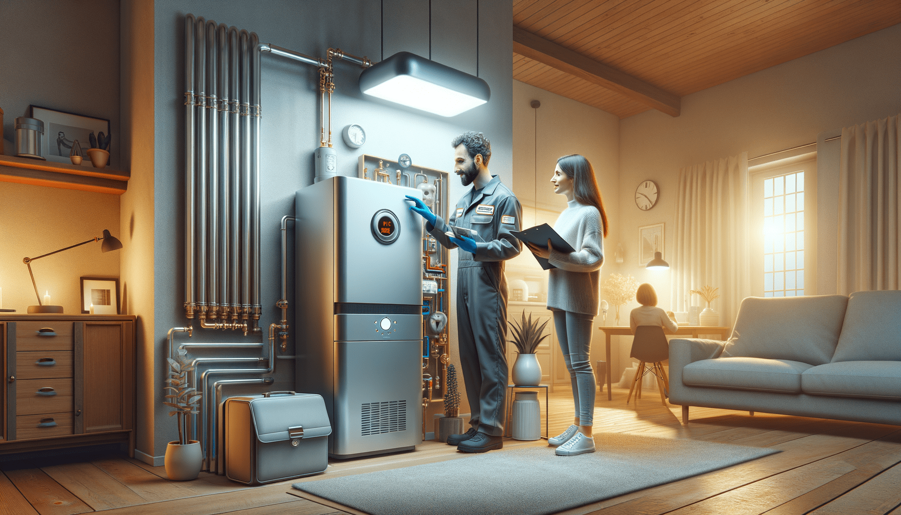 crea un’immagine fotorealistica che rappresenti il tema dell’articolo: (understanding and utilizing efficient thermohydraulic solutions for both home and office environments are crucial, especially in light of our increasing need to reduce energy costs and environmental impact. this involves not only the correct installation and maintenance of boilers and heating system, but also exploration of available energy saving and eco friendly solutions on the market. the installation of an efficient boiler, which forms the heart of any heating system, should ideally be carried out by certified professionals to guarantee safety and efficiency. key factors such as the size of the areas to be heated and the energy requirements of the premises need to be considered when opting for a boiler. regular maintenance, including annual checks, improves operational efficiency and prevent malfunctions, thereby extending the lifespan of the device. investing in energy saving technologies reduces bills and contributes to a sustainable future. heat pumps, for instance, offer an eco friendly alternative to traditional boilers as they operate by extracting heat from air or ground. additionally, integrating solar thermal systems can further lessen the environmental impact as these systems utilize solar energy for water heating, reducing the use of fossil fuels. nowadays, modern air conditioning systems have been designed to minimize energy use and offer optimal indoor temperature management, taking into consideration factors such as energy efficiency, noise impact, and compatibility with existing architecture. to best maintain heating and cooling systems, installing them correctly and maintaining their upkeep are vital to ensure efficiency, safety, and comfort. embracing eco friendly technologies and sophisticated air conditioning systems can lead to substantial savings and decrease environmental impact. for expert maintenance, installation, and support of high quality thermohydraulic installations, sb assediato offers sustainable solutions that cater to your thermohydraulic needs.). l’immagine deve mostrare una scena realistica e professionale con dettagli ben curati, come: un tecnico termoidraulico mentre controlla una caldaia moderna in un ambiente domestico o ufficio, con strumenti di diagnosi alla mano. un impianto di riscaldamento o climatizzazione ben installato, evidenziando la tecnologia e la qualità dell’installazione. un cliente soddisfatto che interagisce con un tecnico, a simboleggiare affidabilità e assistenza. l’atmosfera dell’immagine deve trasmettere sicurezza, professionalità e comfort. usa colori neutri e dettagli realistici per rendere la scena credibile e accattivante.